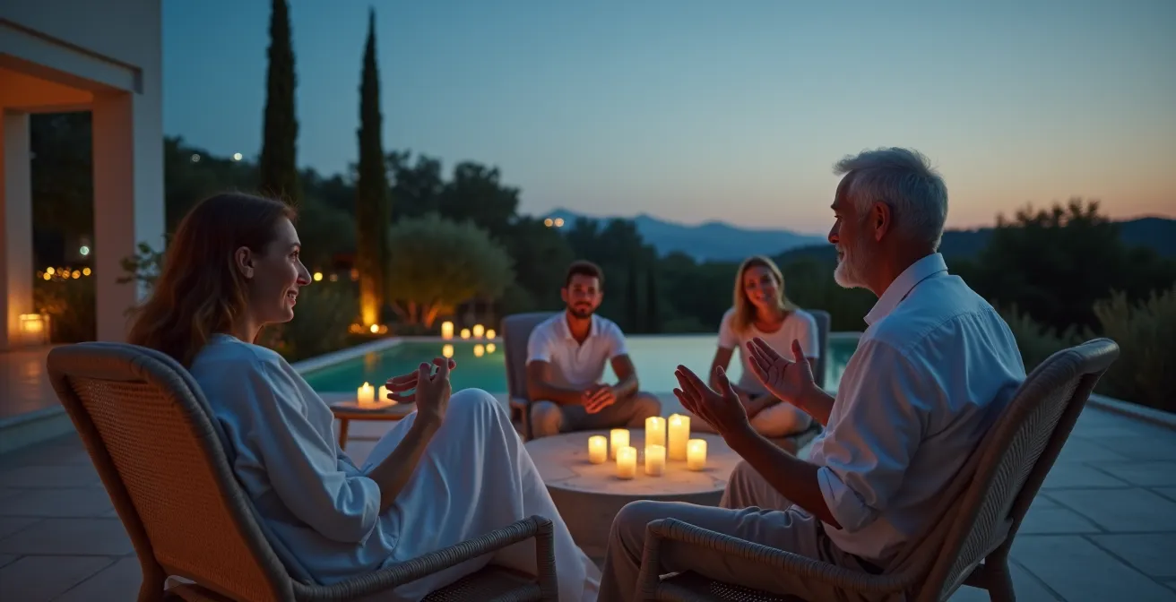 Three generations sharing stories on villa terrace at dusk