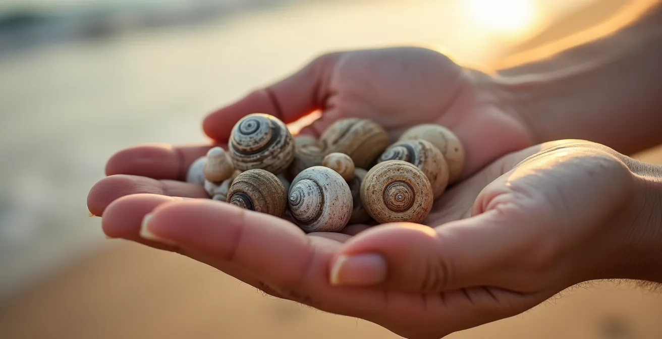 Child discovering shells on empty morning beach