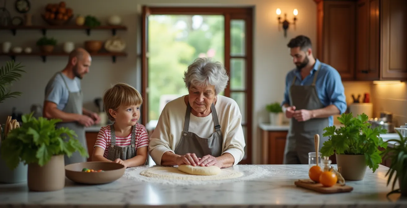 Open kitchen space with family members naturally gathering