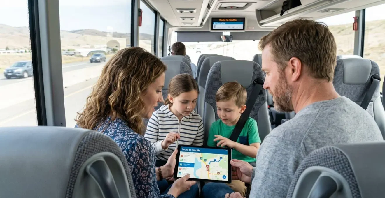 An American family of four sitting together inside a modern intercity bus in Tuscany, parents and two children looking at a tablet together, natural light streaming through windows