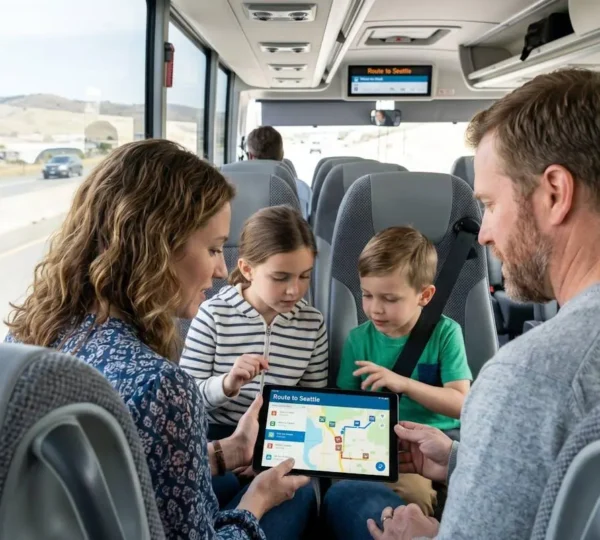 An American family of four sitting together inside a modern intercity bus in Tuscany, parents and two children looking at a tablet together, natural light streaming through windows