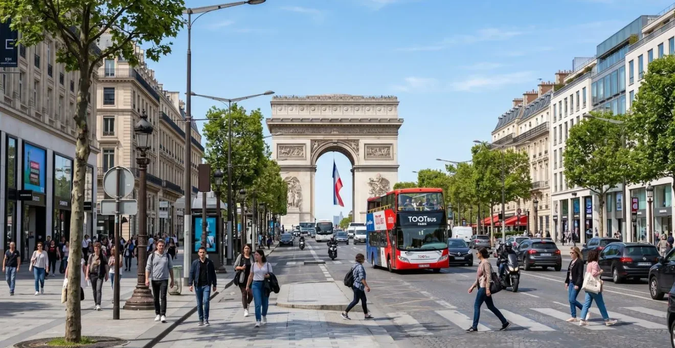 Wide angle view of the Arc de Triomphe plaza in Paris with a red double-decker Tootbus visible in the middle distance, bright daylight illuminating the clean urban environment with tourists naturally distributed