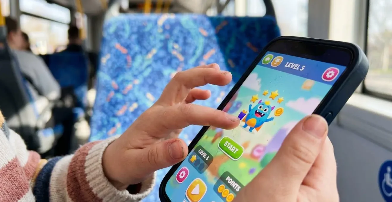 Extreme close-up of a child's hands holding a smartphone with a colorful audio guide app interface visible but slightly blurred, with bus seat texture softly out of focus in the background