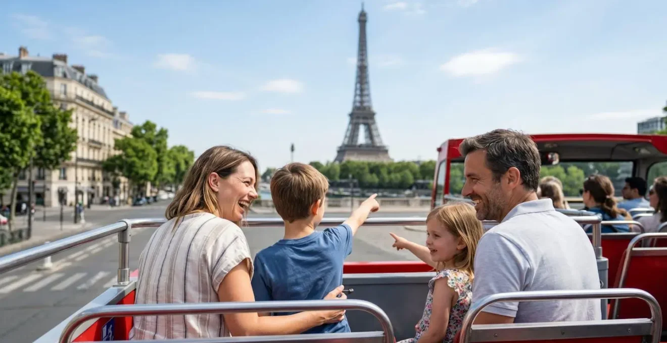 Family of four on the open-top deck of a red double-decker bus in Paris, with two children pointing excitedly toward landmarks while parents sit relaxed nearby