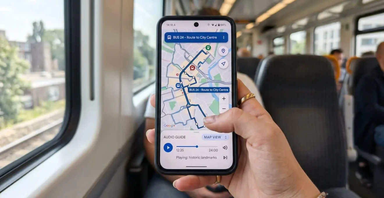Extreme close-up of a smartphone screen showing a bus route map and tracking interface, hand holding the phone with blurred background