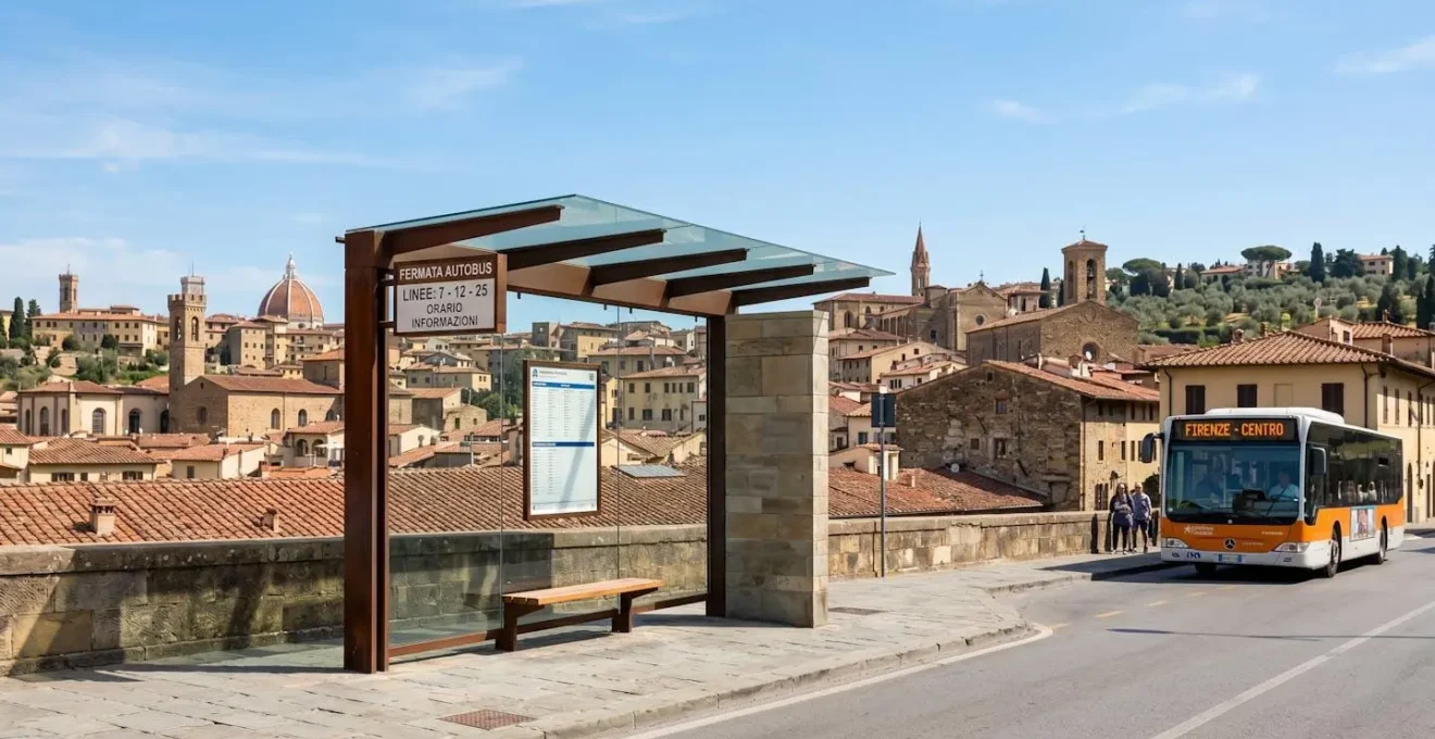 A modern bus stop in a Tuscan city with clear signage and contemporary infrastructure, Italian terracotta-roofed buildings visible in the background, bright daylight