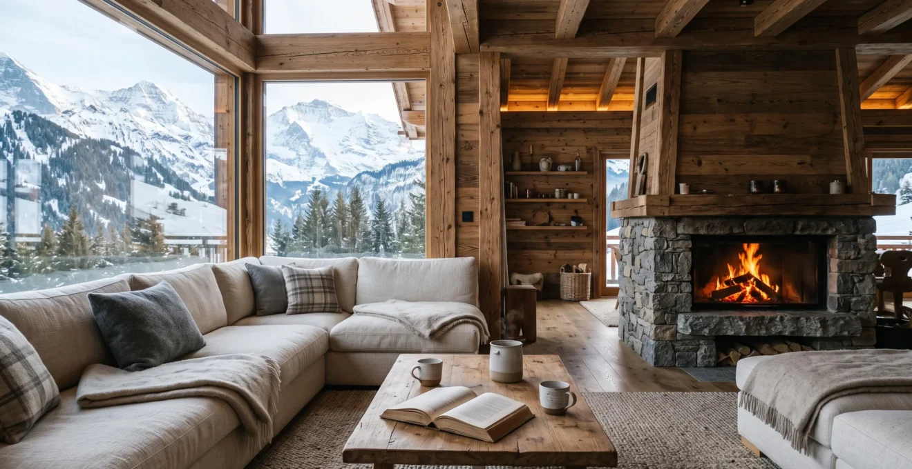 A warm chalet living room with larch beams, a stone fireplace and panoramic windows overlooking snowy alpine peaks.