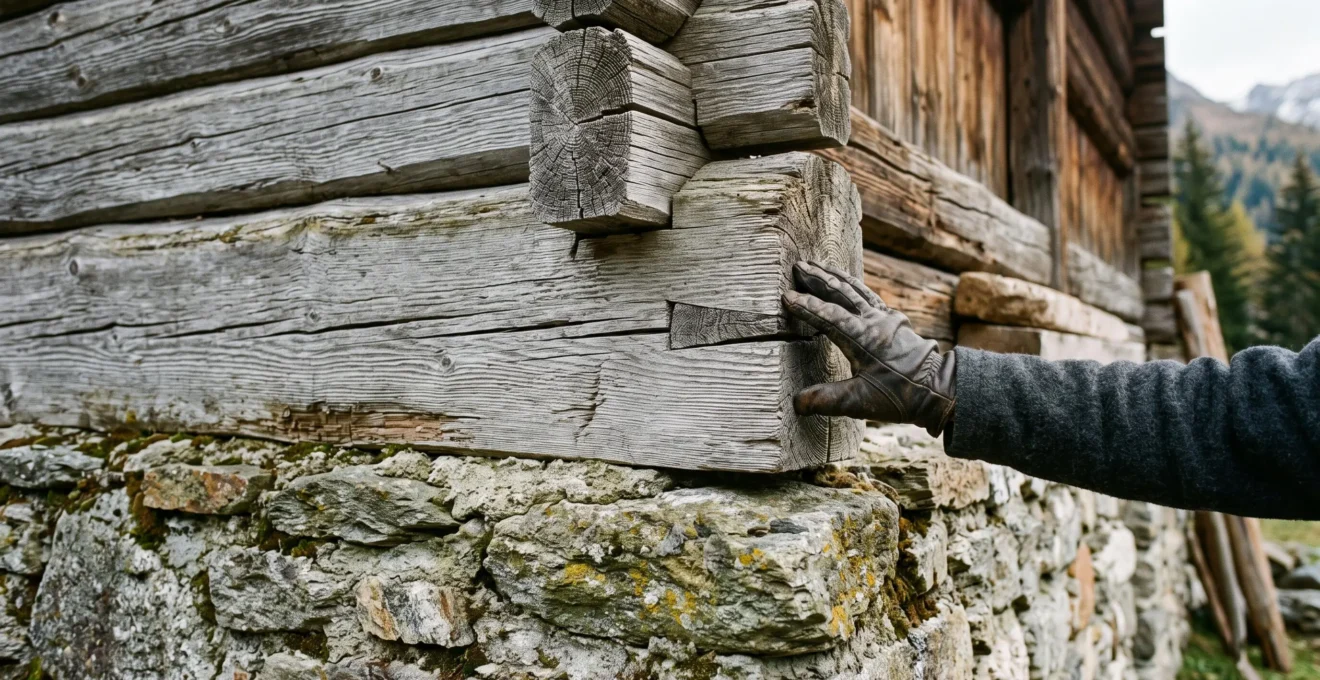 Close-up of a dovetail larch timber corner joint on a stone foundation, with a gloved hand touching the wood.