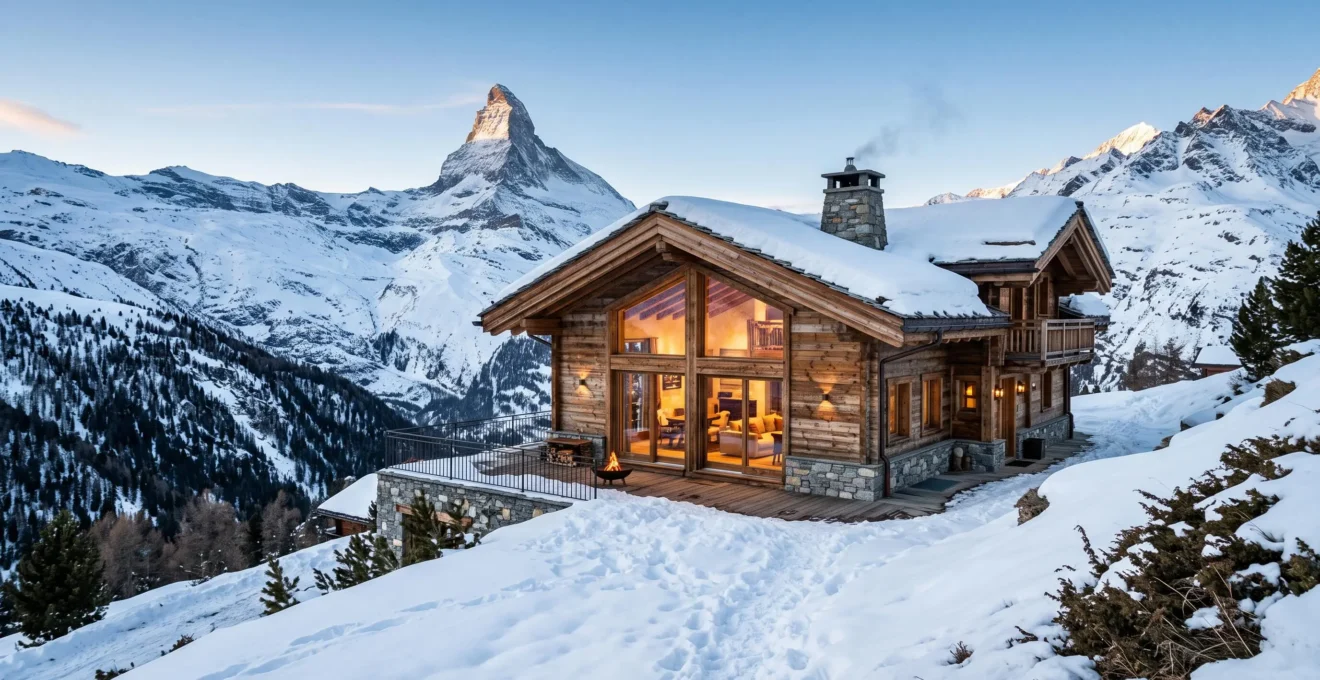 A traditional larch wood and stone chalet with panoramic glass windows at dusk in the Swiss Alps, with the Matterhorn in the background.