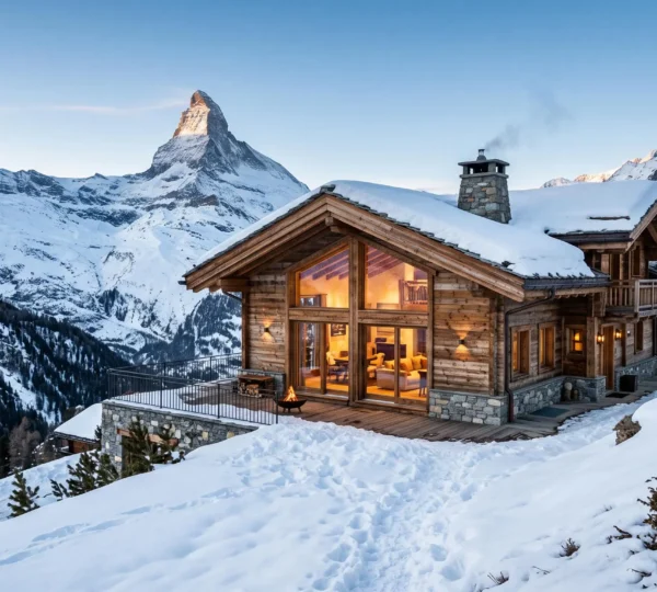 A traditional larch wood and stone chalet with panoramic glass windows at dusk in the Swiss Alps, with the Matterhorn in the background.