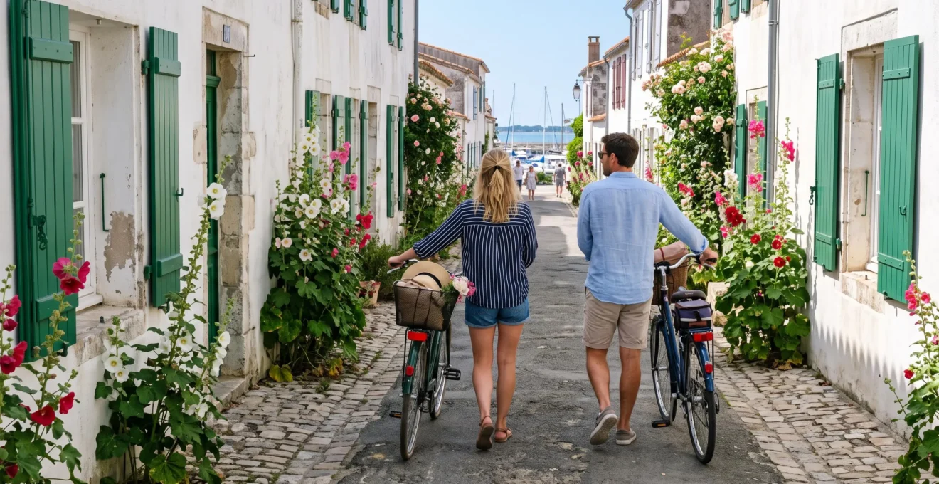 A couple walks with bicycles through a whitewashed village street on Île de Ré.