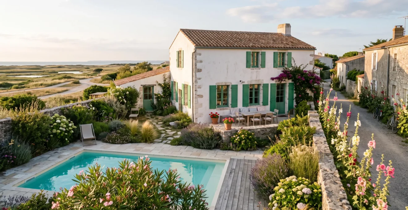 A whitewashed stone villa with green shutters, pool and garden on Île de Ré.