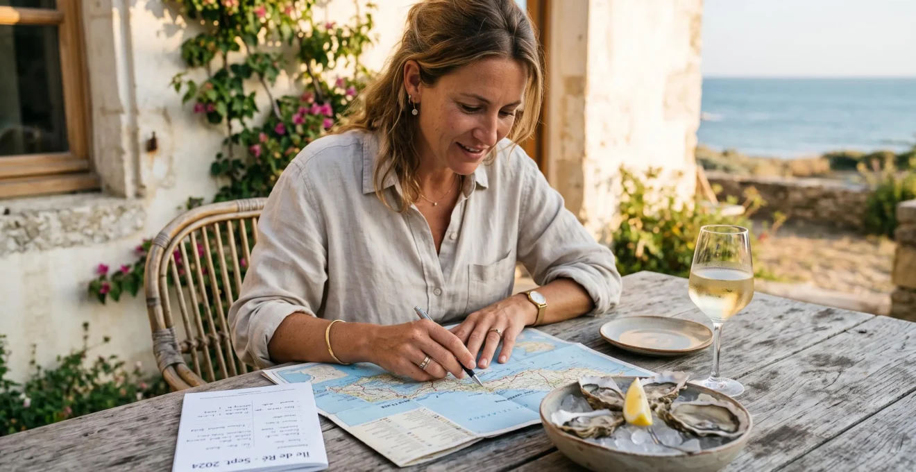 Hands planning a trip over a paper map on a villa terrace with oysters.